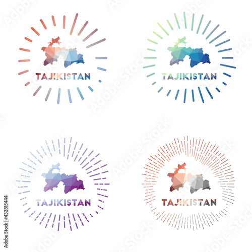 Tajikistan low poly sunburst set. Logo of country in geometric polygonal style. Vector illustration.