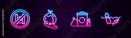 Set line Say no to plastic bags poster, Hand holding Earth globe, Recycle bin with recycle and Problem pollution of the ocean. Glowing neon icon. Vector