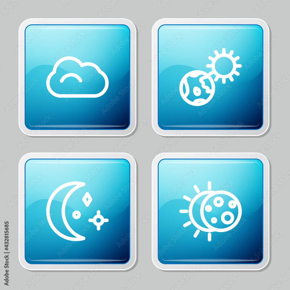 Set line Cloud, Earth globe and sun, Moon stars and Eclipse of the icon. Vector