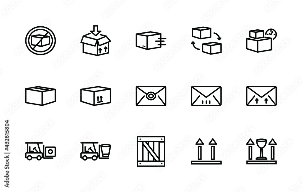 A simple set of vector linear icons associated with mail. Contains icons such as: box, loader, box, letter, box, building, and more. Editable stroke. 48x48 pixels is perfect.