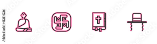 Set line Buddhist monk, Holy bible book, Jainism and Orthodox jewish hat with sidelocks icon. Vector