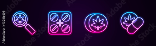 Set line Magnifying glass and marijuana, Medical pills with, Herbal ecstasy tablets and . Glowing neon icon. Vector