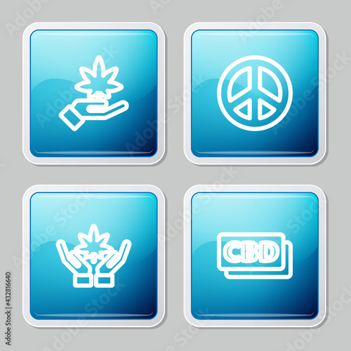 Set line Marijuana or cannabis leaf, Peace, and Cannabis molecule icon. Vector