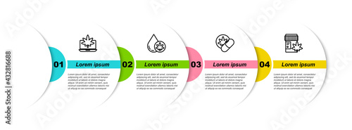 Set line Laptop and marijuana or cannabis, Marijuana olive oil, Herbal ecstasy tablets and Medical bottle with. Business infographic template. Vector