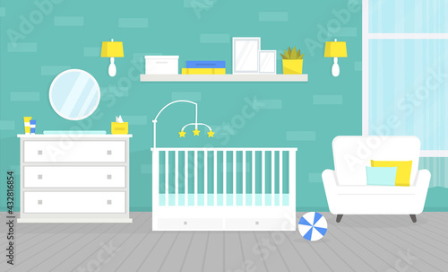Lovely baby room interior with furniture. Crib for newborn, changing table, chest of drawers. Nursery, home design illustration.