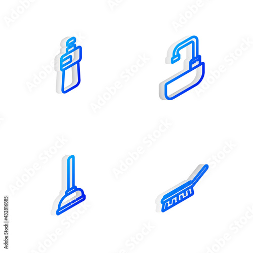 Set Isometric line Washbasin with water tap, Dishwashing liquid bottle, Rubber plunger and Brush for cleaning icon. Vector