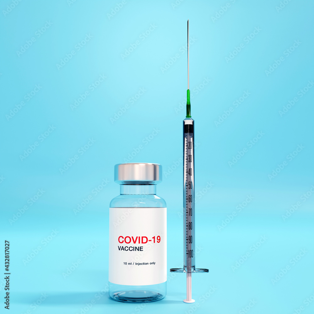 3D rendering. Creative design for Covid-19 coronavirus vaccine bottles and syringe for intramuscular injections. Corona virus (2019-nCoV virus) flu treatment drug pharmacy production concept. 3D rendering. Creative design for Covid-19 coronavirus vaccine bottles and syringe for intramuscular injections. Corona virus (2019-nCoV virus) flu treatment drug pharmacy production concept.
