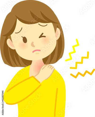 イラスト素材:若い女性が肩や首を痛がり手を当てている姿　黄色い服
