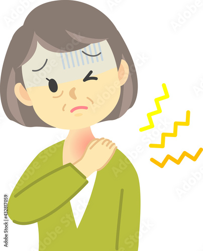 イラスト素材:年配の女性が青ざめて肩や首を痛がり手を当てている姿
