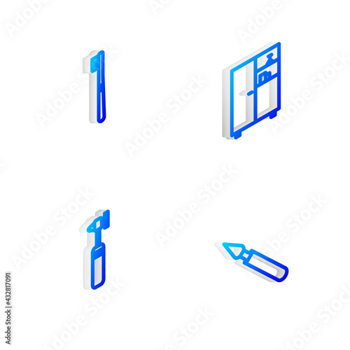 Set Isometric line Medicine cabinet, Toothbrush, Medical otoscope tool and surgery scalpel icon. Vector