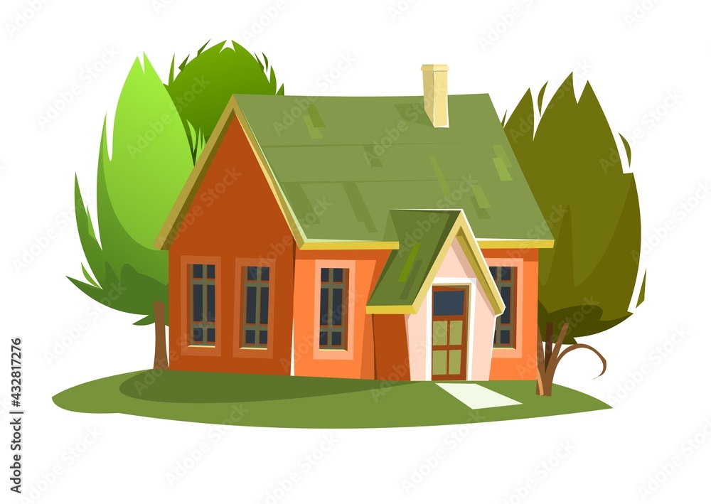 Rural house in the meadow. Half turn. Cheerful cartoon flat style. Isolated on white background. Gable green roof. Small cozy suburban cottage with trees. Sun and sky. Vector.