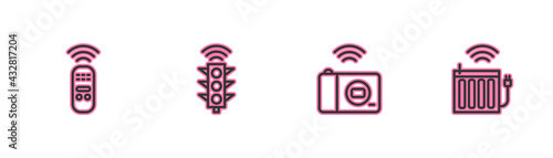 Set line Smart remote control, photo camera, traffic light and heating radiator icon. Vector