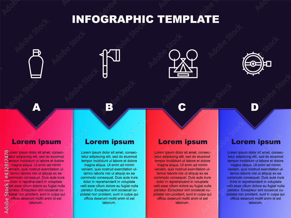 Set line Canteen water bottle, Wooden axe, Tourist tent and Trap hunting. Business infographic template. Vector Set line Canteen water bottle, Wooden axe, Tourist tent and Trap hunting. Business infographic template. Vector