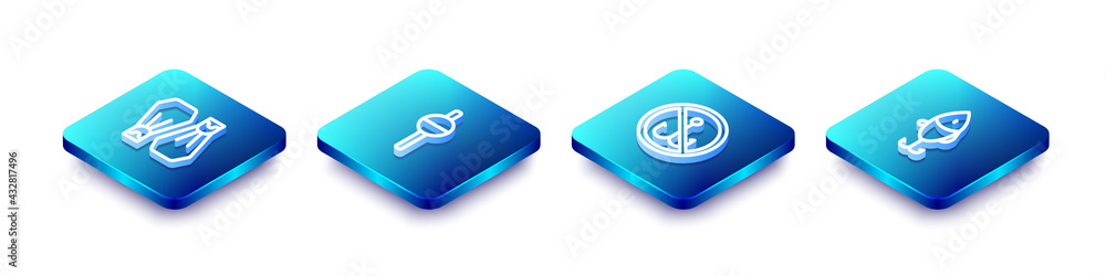Set Isometric line Rubber flippers for swimming, Fishing float, No fishing and lure icon. Vector Set Isometric line Rubber flippers for swimming, Fishing float, No fishing and lure icon. Vector