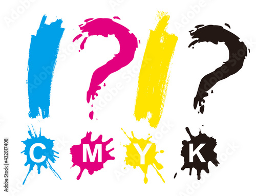 CMYK print colors, exclamation marks, splatters.
Illustration of  expressive exclamation and qeuestion marks with CMYK lettering. Concept for presenting of color printing. Vector available.