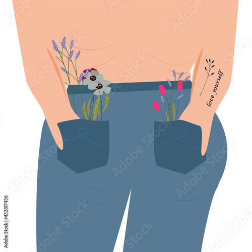 A curvy woman in jeans shows that you don't need to be ashamed of your body. The illustration shows body positive and self-love. Flat cartoon vector illustration.
