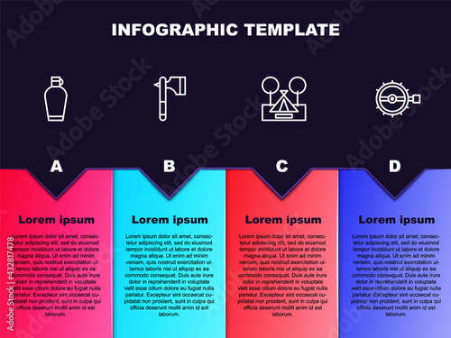 Set line Canteen water bottle, Wooden axe, Tourist tent and Trap hunting. Business infographic template. Vector