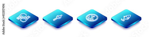Set Isometric line Rubber flippers for swimming, Fishing float, No fishing and lure icon. Vector