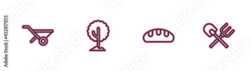 Set line Wheelbarrow, Bread loaf, Tree and Shovel and rake icon. Vector