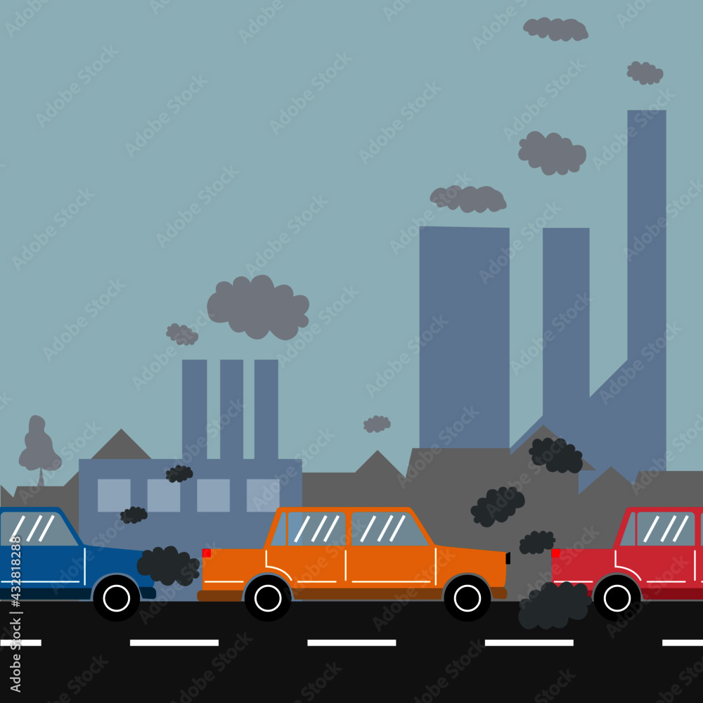 Air pollution in the Truck. urban smog, factory smoke and industrial carbon dioxide clouds. Vector illustration cartoon about toxic pollution from vehicles, polluted air or environment in case of truc
