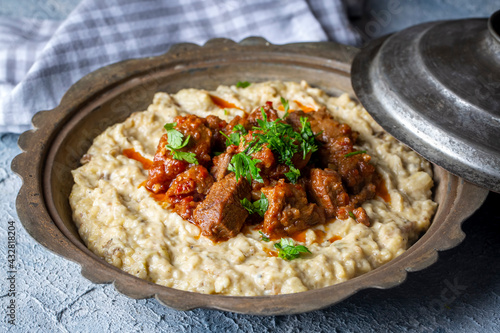 Turkish Food Hunkar Begendi made with Eggplant and Meat.