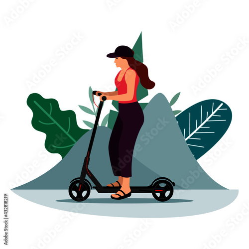 Vector illustration - woman on bicycle. Park, forest, trees and hills in winter. World car free day. the use of the bicycle as a means of transport.
