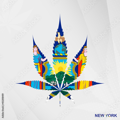Flag of New York in Marijuana leaf shape. The concept of legalization Cannabis in New York.
