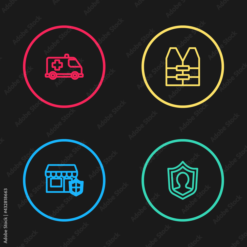 Set line Shopping building with shield, Life insurance, jacket and Emergency car icon. Vector Set line Shopping building with shield, Life insurance, jacket and Emergency car icon. Vector