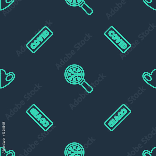 Set line Virus under magnifying glass, Corona virus covid-19 and Medical protective mask on seamless pattern. Vector