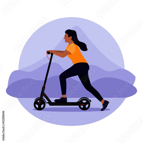 woman riding scooter. Vector illustration - woman on skateboard. Park, forest, trees and hills in winter. World car free day. the use of the skateboard as a means of transportation.
