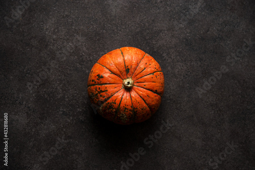 Autumn orange mini pumpkin on a concrete background, top view