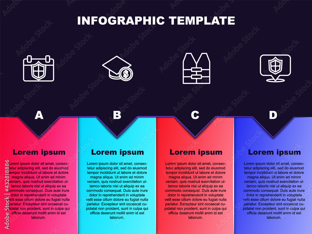 Set line Calendar with shield, Graduation cap and coin, Life jacket and Location. Business infographic template. Vector Set line Calendar with shield, Graduation cap and coin, Life jacket and Location. Business infographic template. Vector