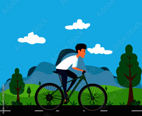 Vector illustration - male on a bicycle. Park, forest, trees and hills in winter. World car free day. the use of the bicycle as a means of transport. person riding a bike