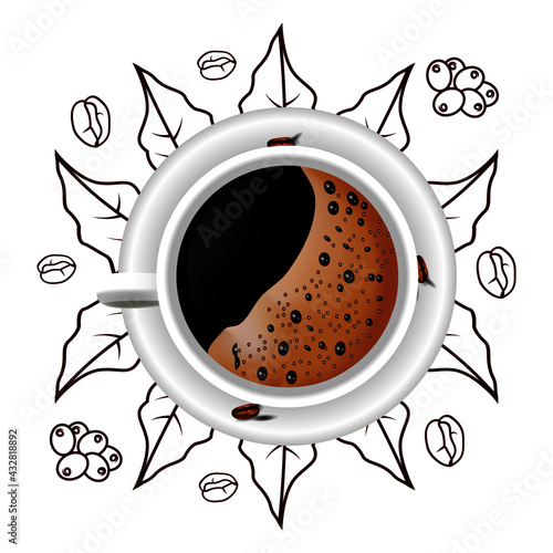 cup of coffee. Realistic 3d vector isolated white cups of coffee with spoon, top and side view, cappuccino, americano, espresso, mocha, latte, cocoa