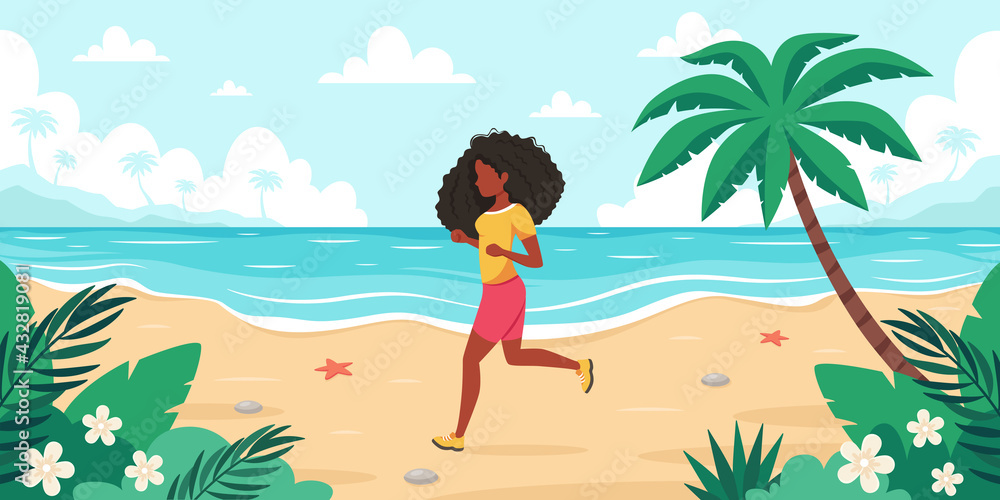 Leisure time on beach. Black woman jogging. Summer time. Vector illustration