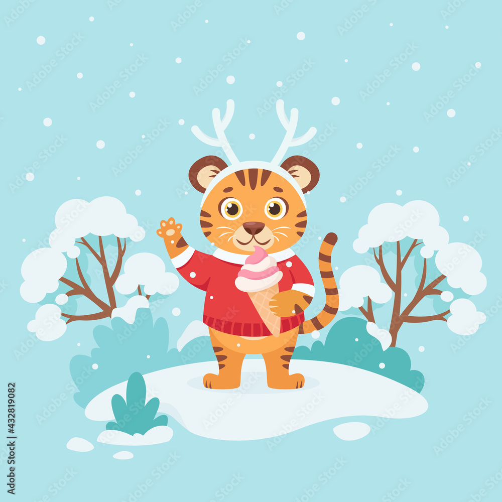 Cute tiger in a sweater with ice cream wishes a Merry Christmas and Happy New Year 2022 on winter background. Year of the tiger. Vector illustration Cute tiger in a sweater with ice cream wishes a Merry Christmas and Happy New Year 2022 on winter background. Year of the tiger. Vector illustration
