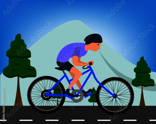 bike ride. Vector illustration - male on a bicycle. Park, forest, trees and hills in winter. World car free day. the use of the bicycle as a means of transport. © vectore