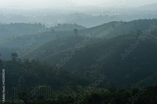 Beautiful view of local valley and mountain in misty near "Linh Quy Phap An" pagoda, Bao Loc town, Lam Dong Province, Vietnam.