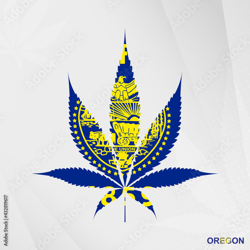 Flag of Oregon in Marijuana leaf shape. The concept of legalization Cannabis in Oregon.