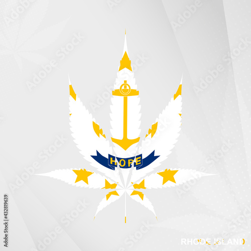 Flag of Rhode Island in Marijuana leaf shape. The concept of legalization Cannabis in Rhode Island.