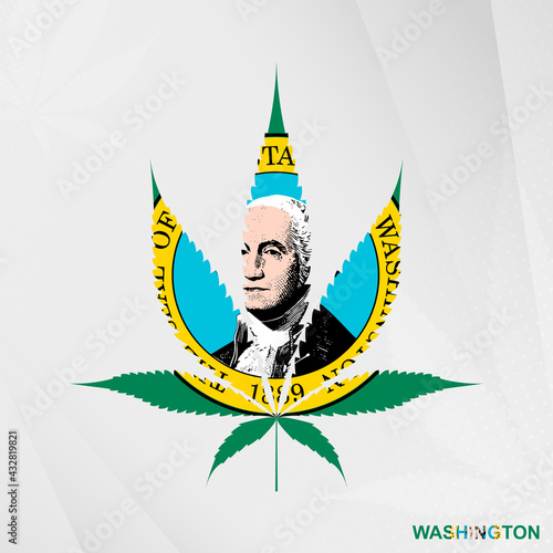 Flag of Washington in Marijuana leaf shape. The concept of legalization Cannabis in Washington.