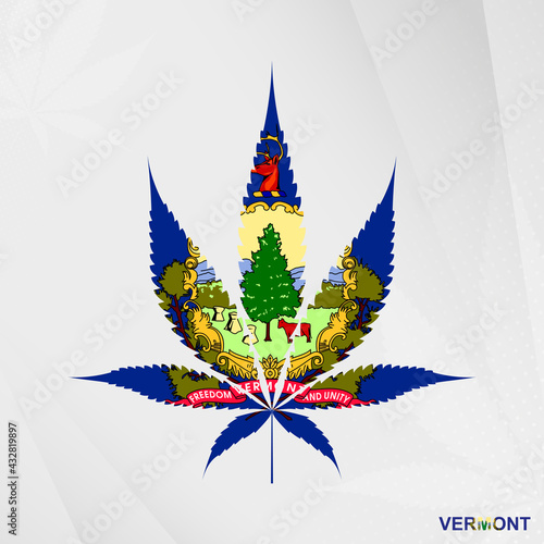 Flag of Vermont in Marijuana leaf shape. The concept of legalization Cannabis in Vermont.