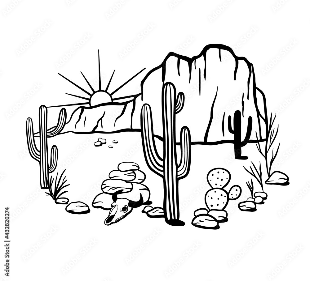 Desert, cacti and sun - landscape outline. Black and white vector