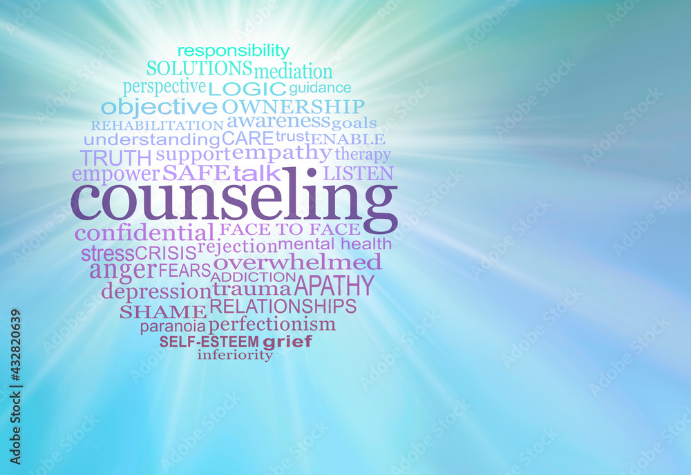 Counseling word bubble message banner background - jade green purple and burgundy circle of words relevant to COUNSELING against a blue green graduated light burst background with space for messages
Counseling word bubble message banner background - jade green purple and burgundy circle of words relevant to COUNSELING against a blue green graduated light burst background with space for messages