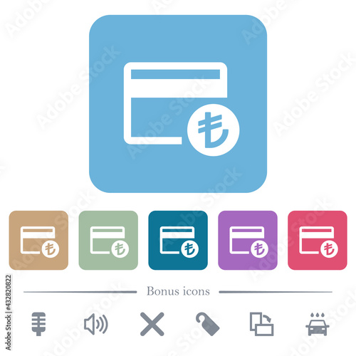 Turkish Lira credit card flat icons on color rounded square backgrounds