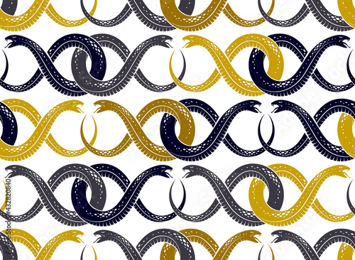 Repeat snakes seamless vector pattern, tiling endless background with venom reptiles in vintage style, subculture rock n roll and hard rock theme.