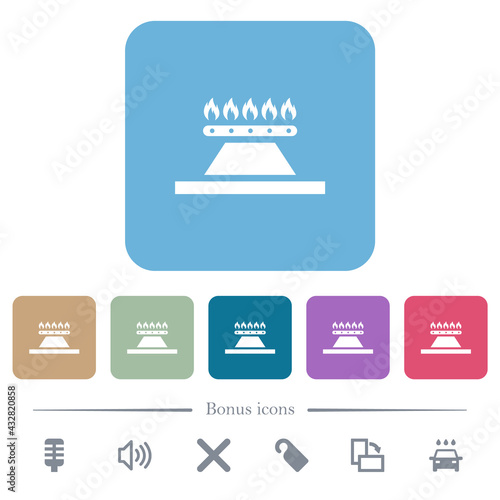 Kitchen gas stove flat icons on color rounded square backgrounds