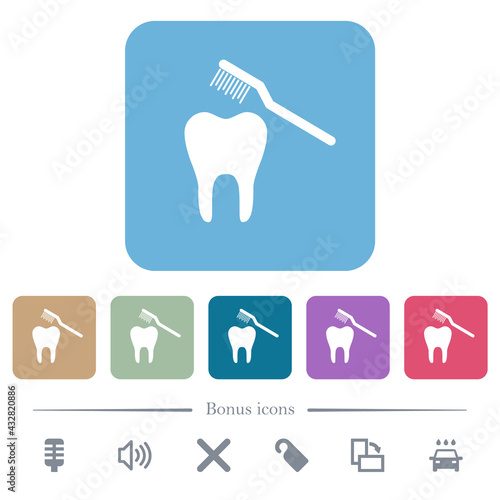 Toothbrushing flat icons on color rounded square backgrounds