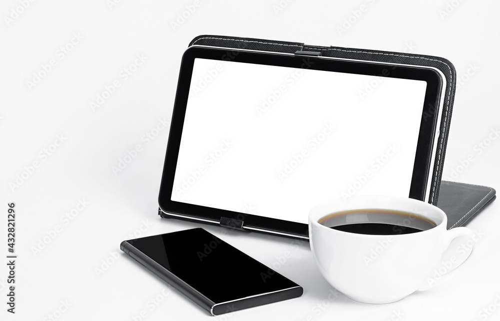 digital tablet, coffee and smartphone on light gray background digital tablet, coffee and smartphone on light gray background
