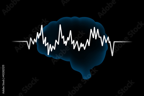 The concept of mental health. A brain with a heartbeat icon on a black background.Vector blue brain processes the technology, the creative idea of the concept. wave